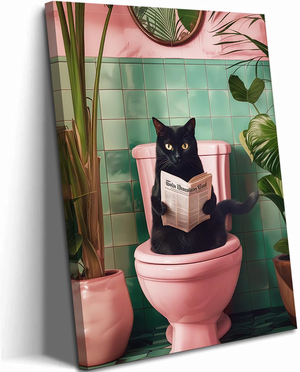 Funny Cat Bathroom Wall Art, Cute Black Cat Wall Decor Paintings, Whimsical Animal Reading Newspaper on The Toilet Poster Canvas Prints Aesthetic Picture 12x16 inch Framed
