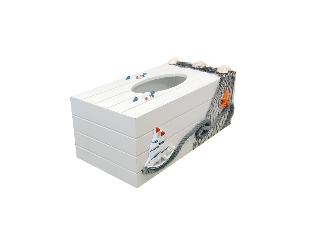 Beach - Wooden nautical tissue box cover with anchor and starfish patterns that transform a simple accessory into a coastal inspired bathroom décor piece with relaxing vibes (Option 4)