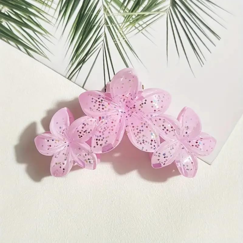 Nopatia Hair Claw Clip 3 Flower Attached with Glitter Glitter, Clear Acrylic Hair Ties with Sparkly Touch, Hawaiian Hair Clips (Plumeria) for Summer and Beach, Strong Hold for Hair (Pink)