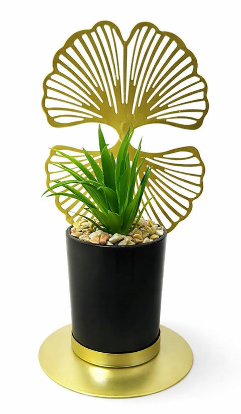 Gold Artificial Planter Premium Ginkgo Leaf in Black Pot and Metal Base, Chic Masterpiece Decorative Plant for Table, Buffet, Wall Shelves, High-End Art Accessory for Entryways, Councils, Luxury Look