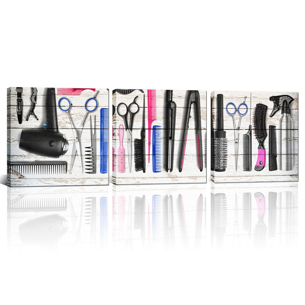 Kolo Wall Art Modern Canvas Comb Hair Dryer Curling Iron Hair Dressing Tools Framed Canvas Poster Printing for Barber Shop Hair Salon Decorative Ready to Hang 12"x12"x3 Blue KL171213-3