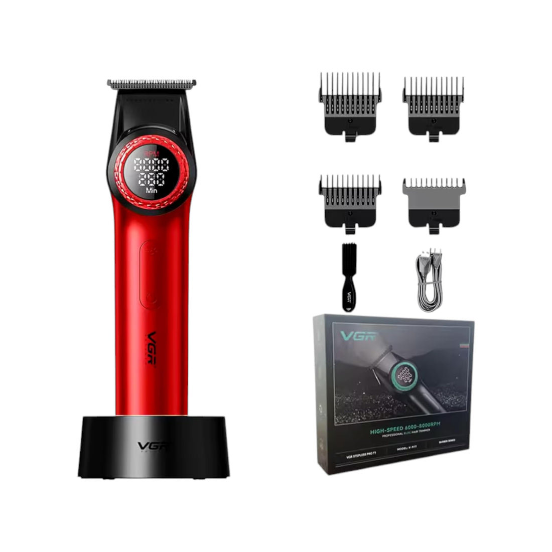 V- 977 Professional Hair Trimmer for Men, 8000 RPM T-Blade Trimmer, Wireless Barber Trimmer with Zero Level, Rechargeable Edge Hairdressers with LED Display (red)