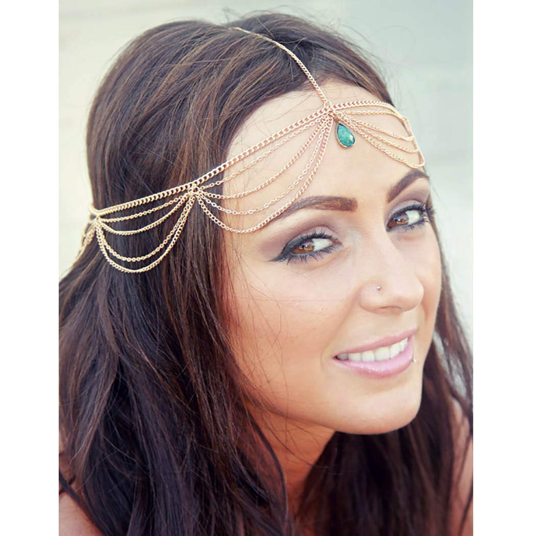 Woeoe Vintage Gold Head Chain Turquoise Forehead Headbands Sequins Festival Headpiece Jewelry for Women and Girls (gold5)