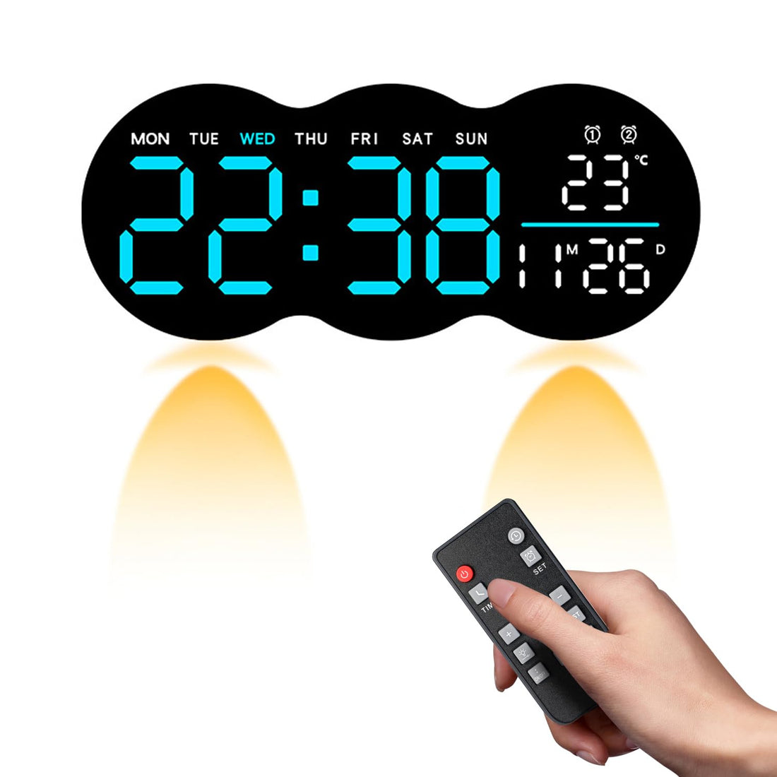 11.9" Digital Clock, WEKUBA Wall Clock with Remote Control,Digital Wall Clock with Date, Week, Alarm, Temperature, Auto Brightness, Standing & Hanging, LED Digital Clock for Living Room, Bedroom