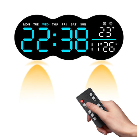 11.9" Digital Clock, WEKUBA Wall Clock with Remote Control,Digital Wall Clock with Date, Week, Alarm, Temperature, Auto Brightness, Standing & Hanging, LED Digital Clock for Living Room, Bedroom
