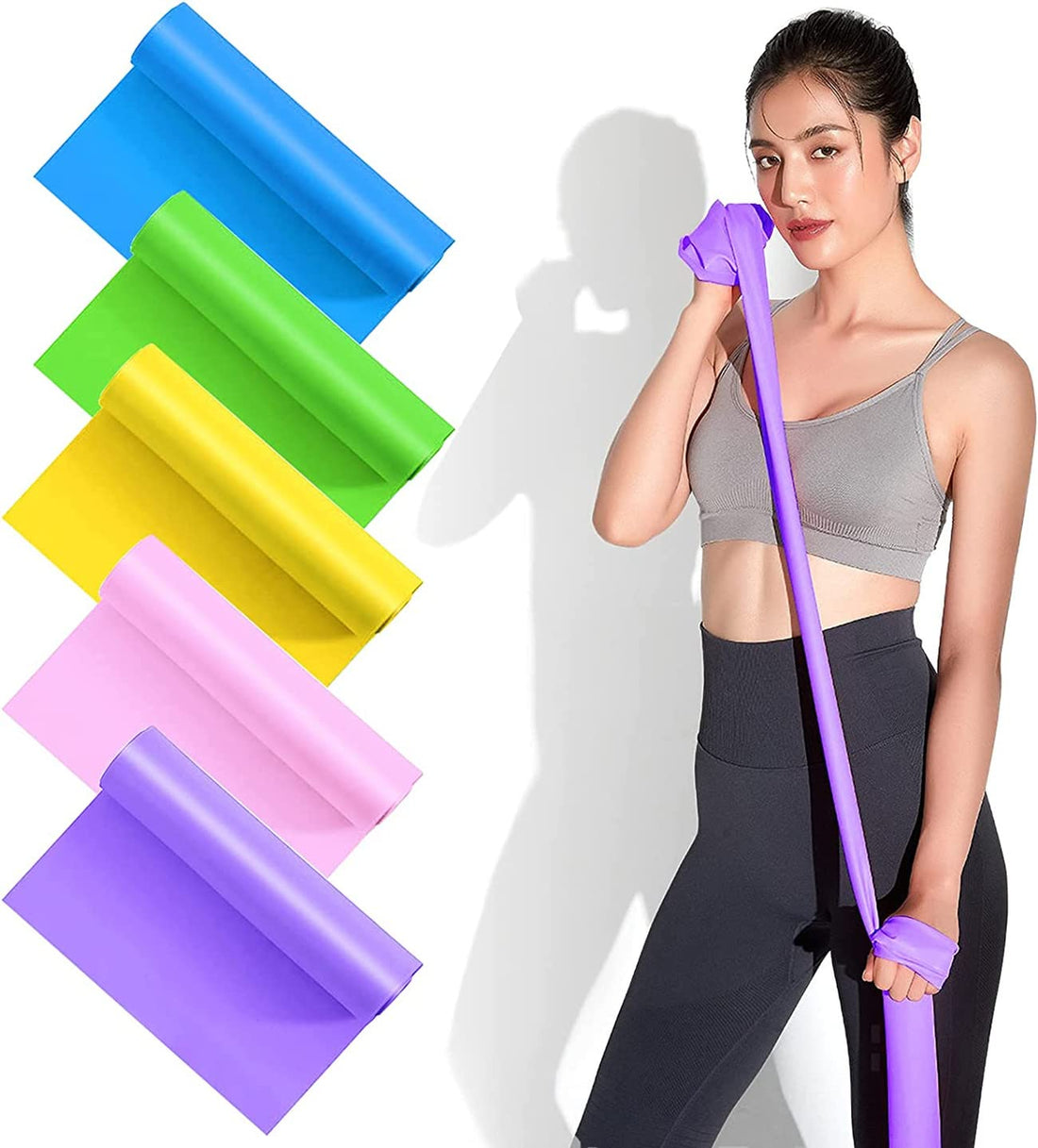 Resistance Exercise Band 5pcs, Elastic Exercise Bands For Physiotherapy, Strength Training & Fitness Workouts, Pilates, Stretching And Yoga Physical Therapy Fitness, Pink,Blue,Green,Yellow,Purple