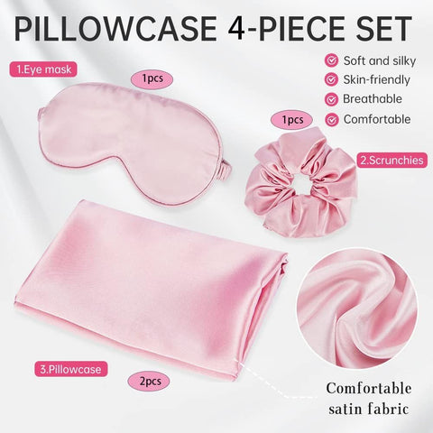 Silky Satin Pillow Eye Mask 3-Piece Set 20"x30" Satin Pillow Case Eye Mask Scrunchies Blind Fold Set for Men Women. (Pink)