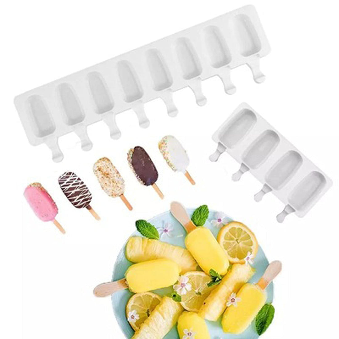 DELFINO Pieces Popsicle Molds Set, 8 Cavities Silicone Popsicle Molds with 50 Wooden Sticks for DIY Ice Pop Ice Cream Mold Oval Cake Pop Mold (White)