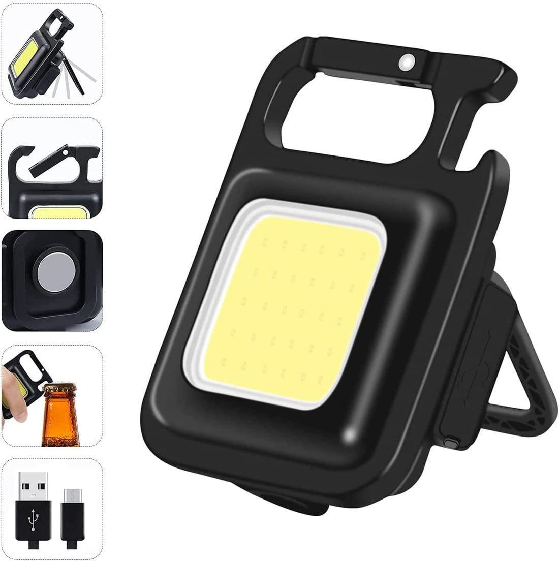 COB Small Flashlights, 500Lumens Bright Rechargeable Keychain Mini Flashlight 3 Light Modes Portable Pocket Light with Folding Bracket Bottle Opener and Magnet Base for Fishing, Walking and Camping