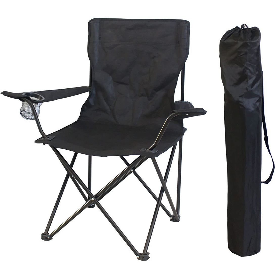 Outdoor Folding Chair, Camping, Fishing, Black with Drinks Holder and Carry Bag