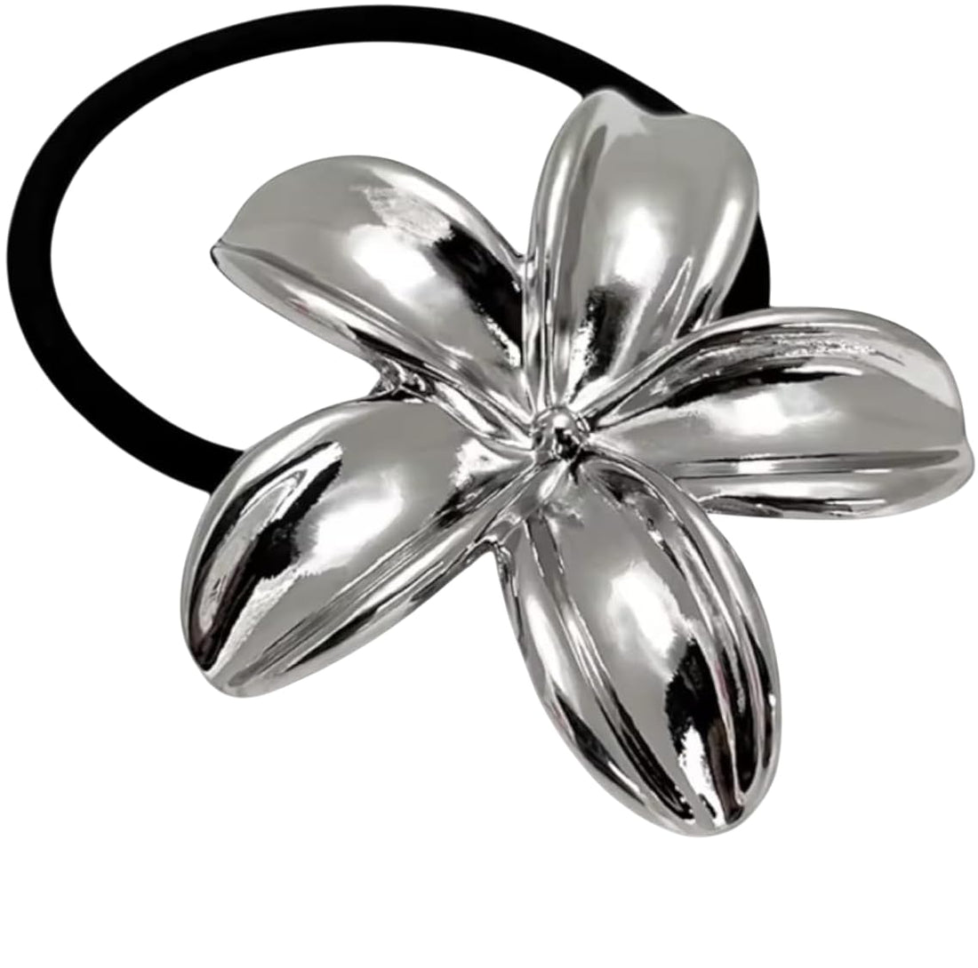 Gold Metal Hair Bow Plumeria Flower Hair Bow Fashion Hair Accessory for Women with Black Elastic Rubber (Silver)