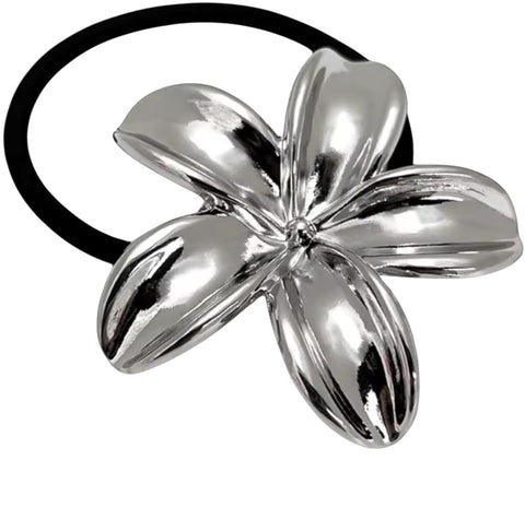 Gold Metal Hair Bow Plumeria Flower Hair Bow Fashion Hair Accessory for Women with Black Elastic Rubber (Silver)