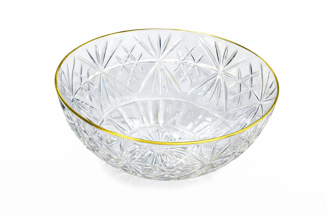 Elegant Unbreakable Plastic Salad Bowl with Gold Rim – Decorative Serving Bowl for Salads, Snacks, and Fruits – Crystal-Cut Design