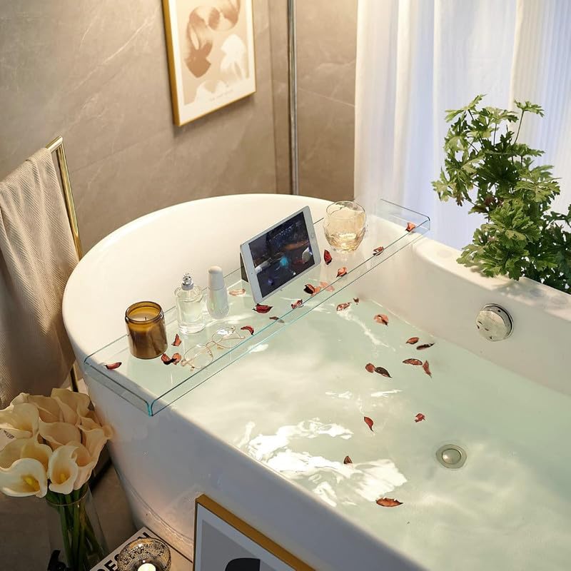 BEST MEDIA Bathtub Tray Caddy, Luxury Acrylic Bath Tub Shelf and Organizer, Clear Rack with Tablet Holder, Ideal for Holding Books, Candles, Toiletries and Spa Essentials, Clear
