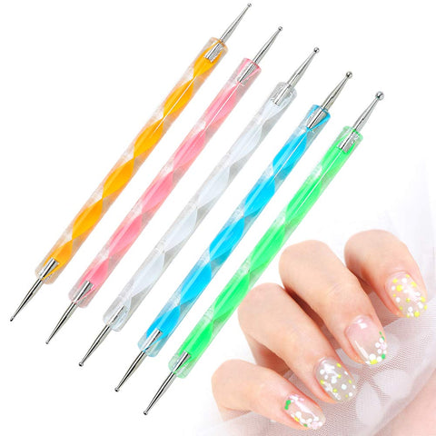 5Pcs UV Gel Painting Nail Art Dotting Pens Acrylic Handle Rhinestone Crystal 2 Way Brush Salon Decoration Manicure Tools Kit