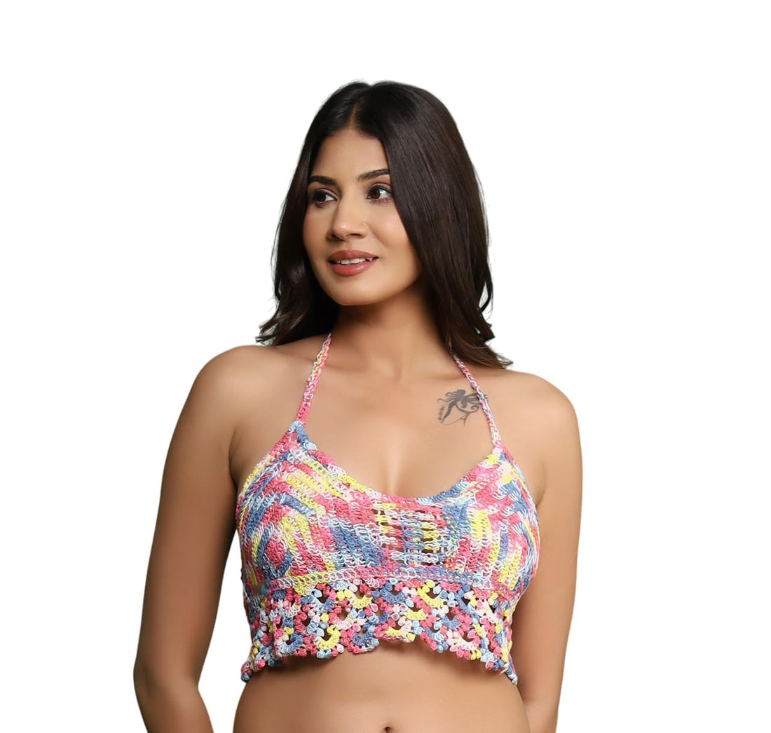 Aashita Creations Women's Crochet Bikini Top - Backless Halter Neck Lace-Up Beachwear, Padded Fringe Bralette, Free Size Summer Vacation Knit Crop Top for Women