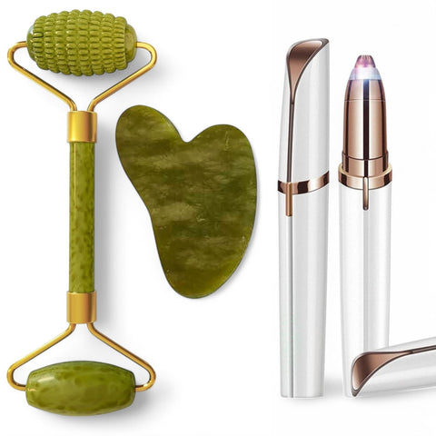 Jade Roller & Gua Sha Natural Jade Roller & Gua Sha Set with Eyebrow Hair Removal Pen, Multifunctional Massage Tool for Face and Neck Helps Reduce Wrinkles, Dark Circles, Relax Muscles