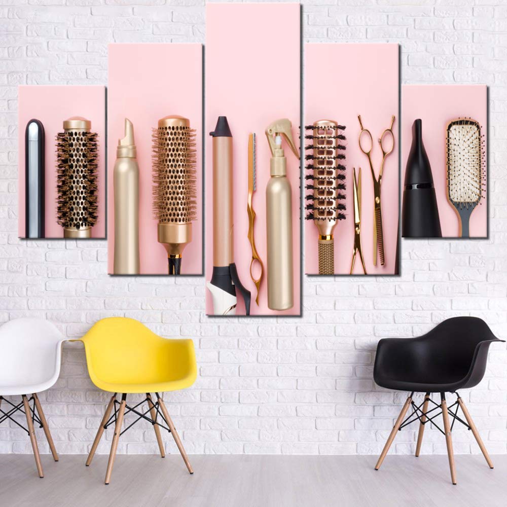 Hairdresser Tools Painting for Living Room/Barbershop Makeup Wall Art Hair Salon Artwork Multi Panel Prints Canvas Picture Modern Home Decor Wooden Framed Gallery-Wrapped Ready to Hang(60''Wx40''H)