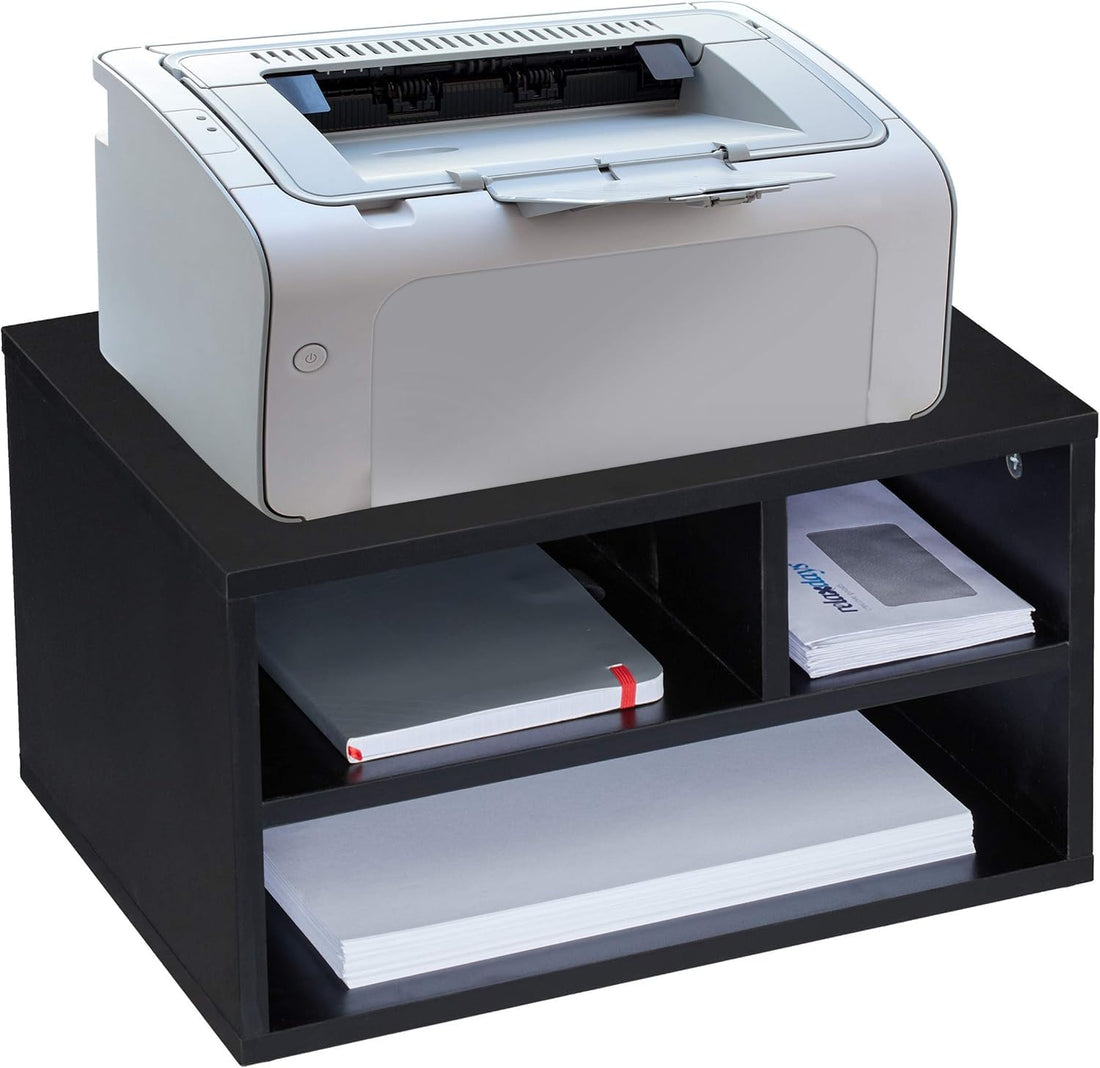 Black Wood Printer Stand Desktop Organizer Storage Shelves High Printer Paper Stand