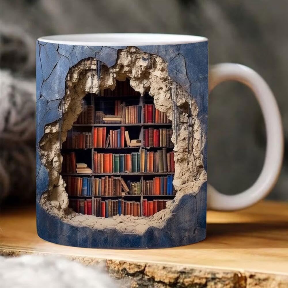 Goodern Library Bookshelf Mugs,Book Lovers Coffee Mug Librarian Club Cup Bookish Items Bookworm Mug 3D Novelty Funny Coffee Mug Bookworm Birthday Christmas Gifts for Readers Teacher Book Lovers-A