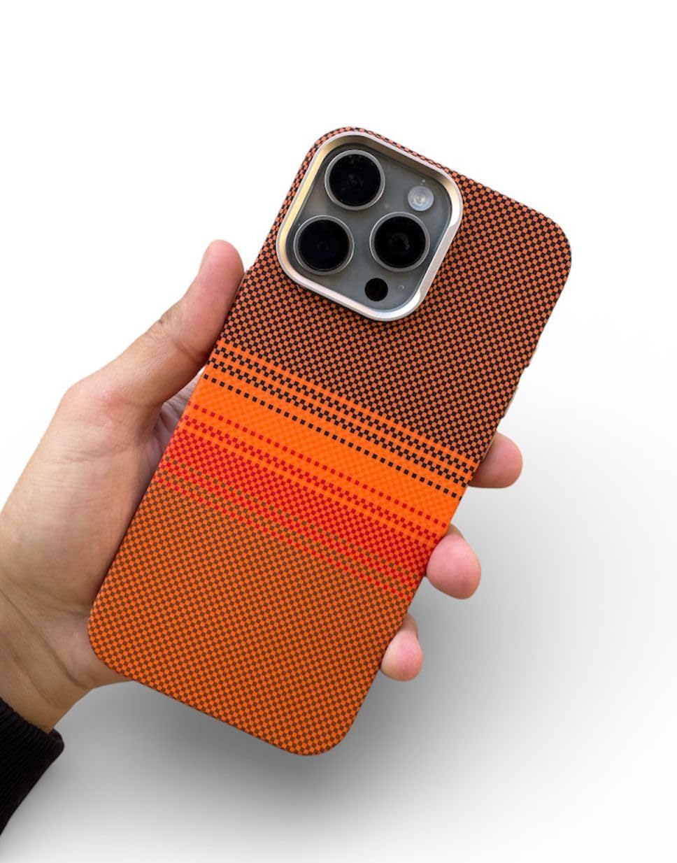 Fekra Ultra-Thin Magnetic Case for iPhone 16 Pro Max, 600D Carbon Fiber Kevlar Texture, Slim Shockproof Protective Cover (Orange, iPhone 16 pro max)