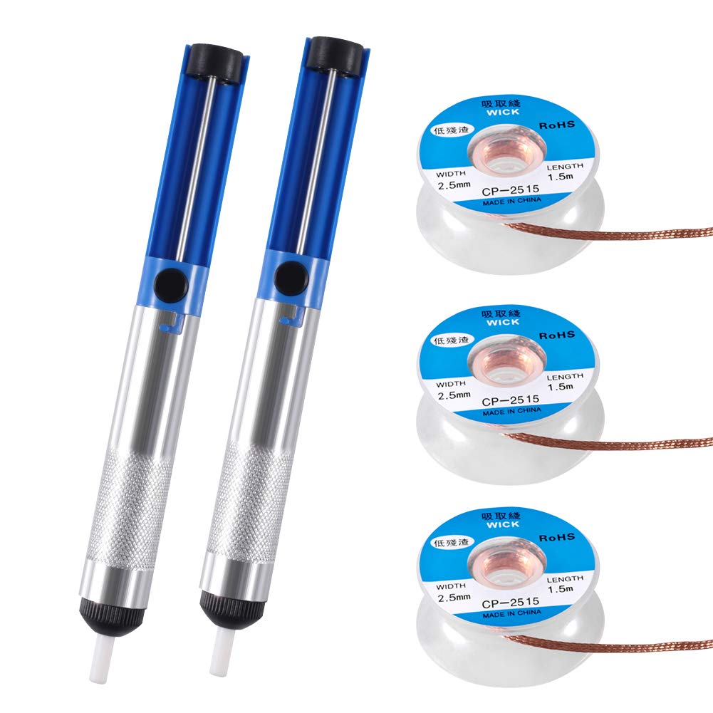 UMLIFE 2 PCS Solder Sucker Pump + 3 PCS Solder Wick Wire(2.5mm Width, 1.5m Length), Desoldering Wick & Desoldering Pump Solder Remover Tool Kit