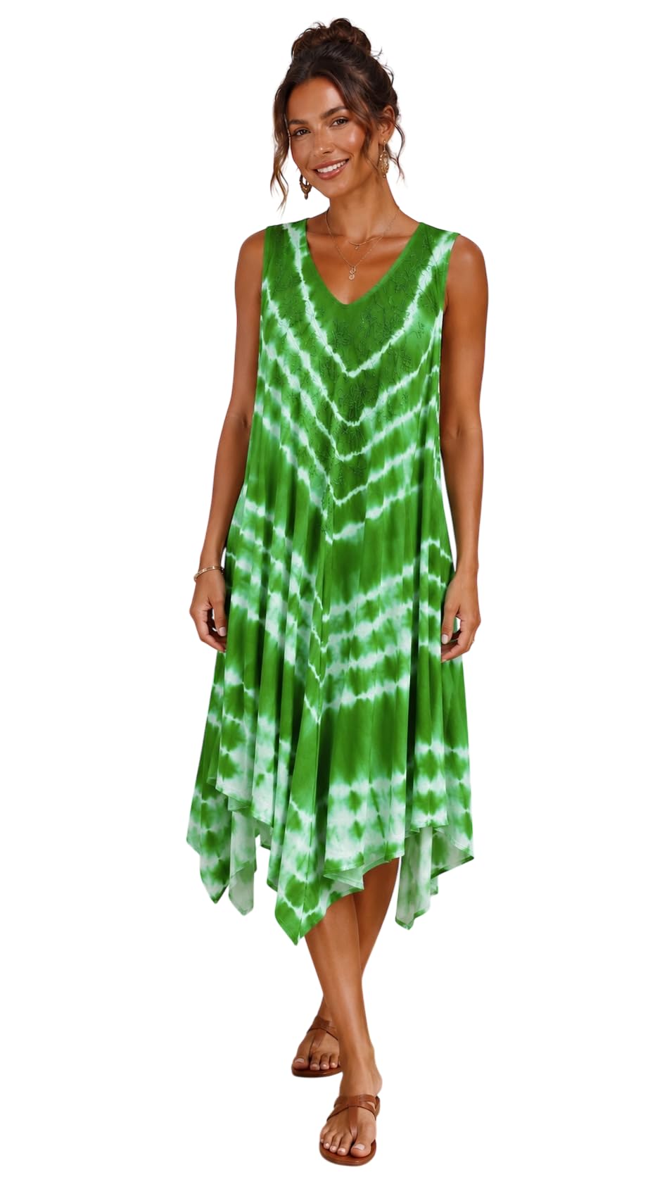 Indian Women's Tie-Dye Viscose Midi Dress, Green, Sleeveless V-Neck, Flowy Asymmetric Hem, Fairy Size