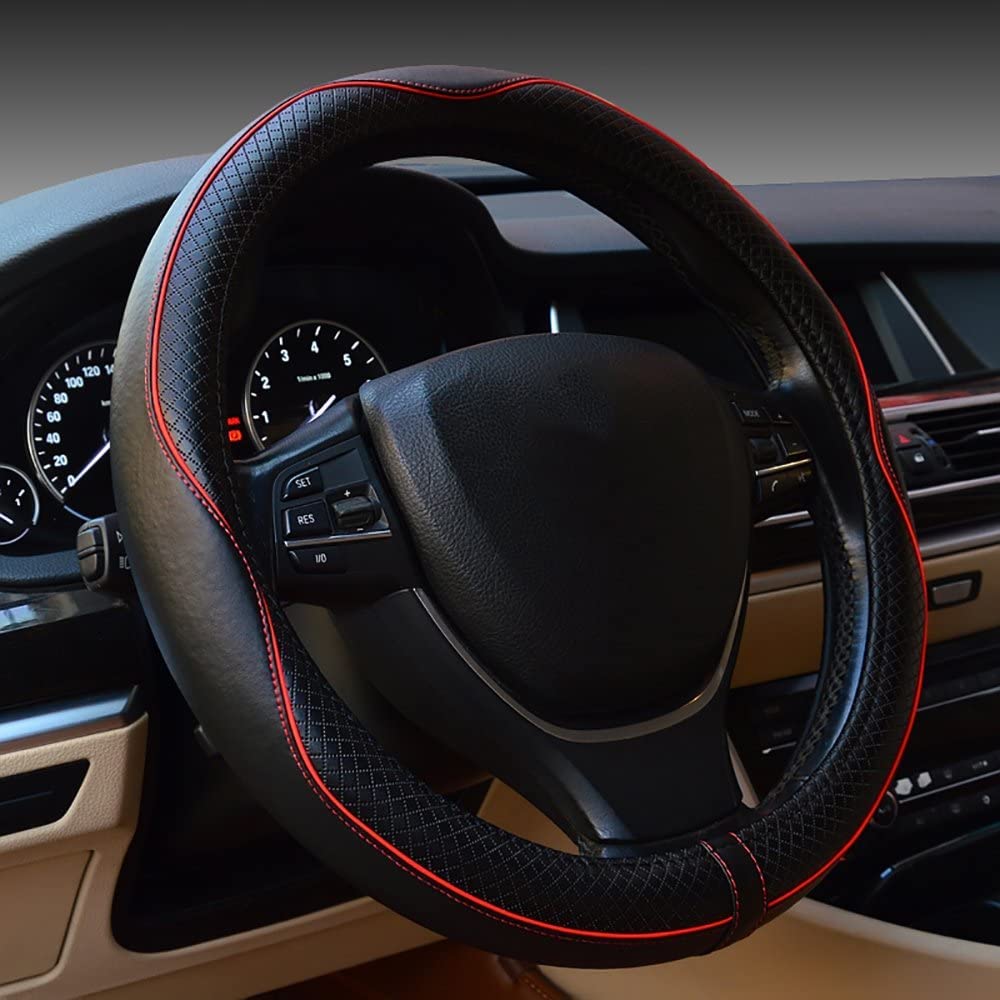 Rsept Gomass Car Steering Wheel Cover, Anti-Slip, Safety, Soft, Breathable, Heavy Duty, Thick, Full Surround, Sports Style (Black with Red line)