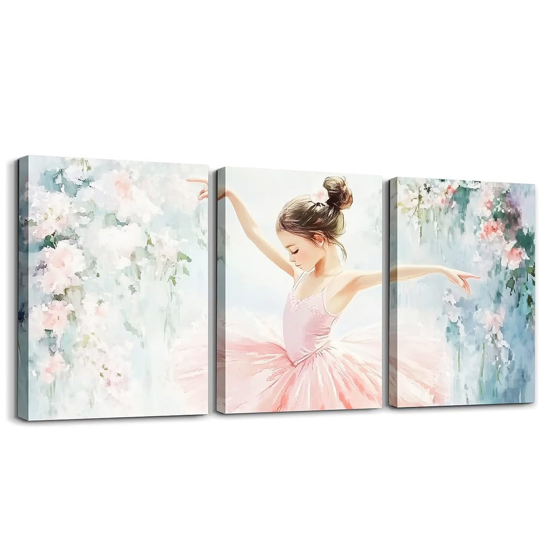 Homewish 3 Pieces Wildflower Ballet Canvas Wall Art Pink Floral Girly Poster Prints Pink Flowers Ballet Girl Paintings Wall Decor For Dorm Dancer Baby Room Nursery Home