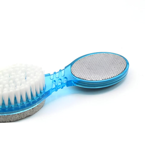 Manicure and Pedicure Kit-A complete 4-in-1 set featuring imported pumice stone, cleaning brush, cuticle pusher, metal file, and a separating pad for a home spa experience. Available in various color