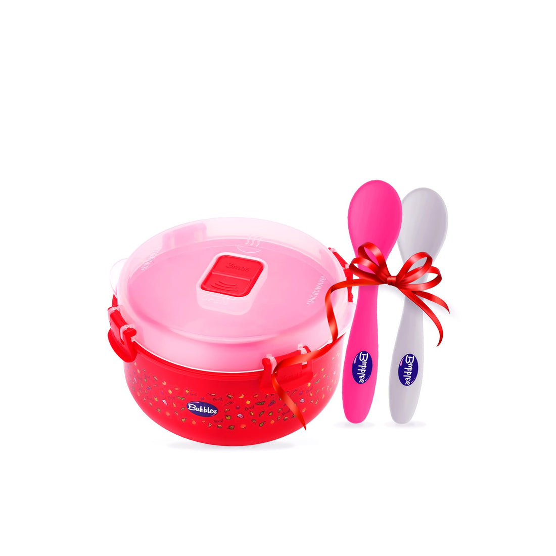 Bubbles Offer Microwave Plastic Round Plate Red + 2 Baby Feeding Spoons Gift 3 Piece