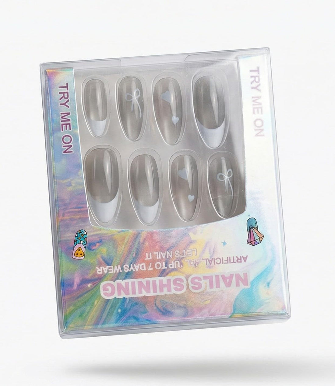 Nopatia Premium Fake Nails Modern French Style - Almond Nail Tips with Delicate Hearts and Bows - Glossy Nail Kit Lasts Up to 7 Days for a Stylish and Professional Look (Style 3)