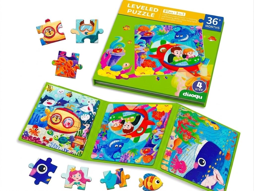 Magnetic Leveled Puzzles for Kids 3+, 97 Pieces 3-in-1 Foldable Puzzle Booklet, Portable Travel Toy for Toddlers, Ocean World Educational Jigsaw Set, Strong Magnet & Soy-Based Ink (Sea World)