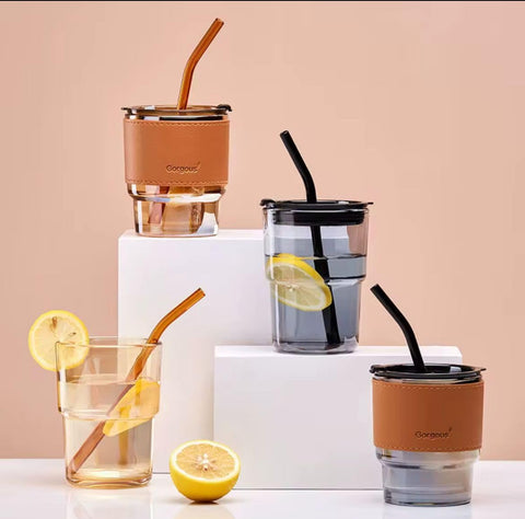 Glass Tumbler with Lid and Straw, Smoothie Mug and Iced Coffee Mug with Non-Slip Leather Sleeve, Heat Resistant Tempered Glass for Coffee, Tea, Juices, Multicolor