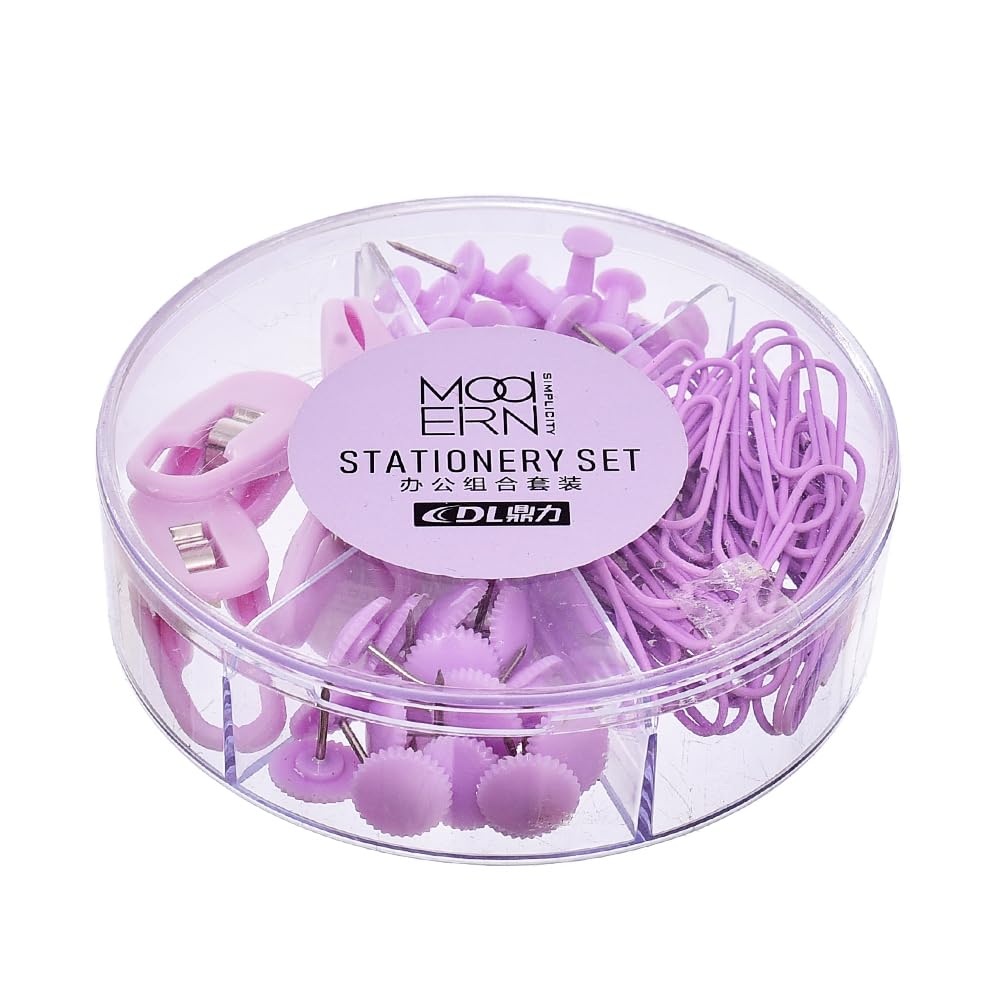 Dingli DL2275 Stationery Set of 94 Pieces (4 Plastic Clips, 20 I-Pins, 20 Toothed Pins, and 50 Paper Clips 33mm) for Office - Lilac