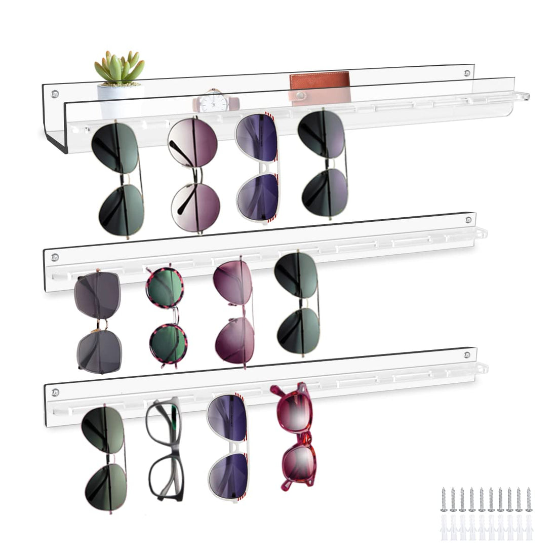 BEST MEDIA 3 Pack Wall Mount Sunglasses Organizer, Clear Acrylic Hanging Eyeglass Holder and Display Rack, Modern Storage Shelf for Eyewear, Jewelry, and Entryway Keys
