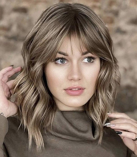 SHORT Bob Wavy Wigs with Bangs Shoulder Length curly Wavy Bob Wig Synthetic Hair with Curtain Bangs - Hair Wig for 12 Inch -32 CM TO 35 CM-JW-59-18T/6- BLACK ROOTS TO GREY BROWN