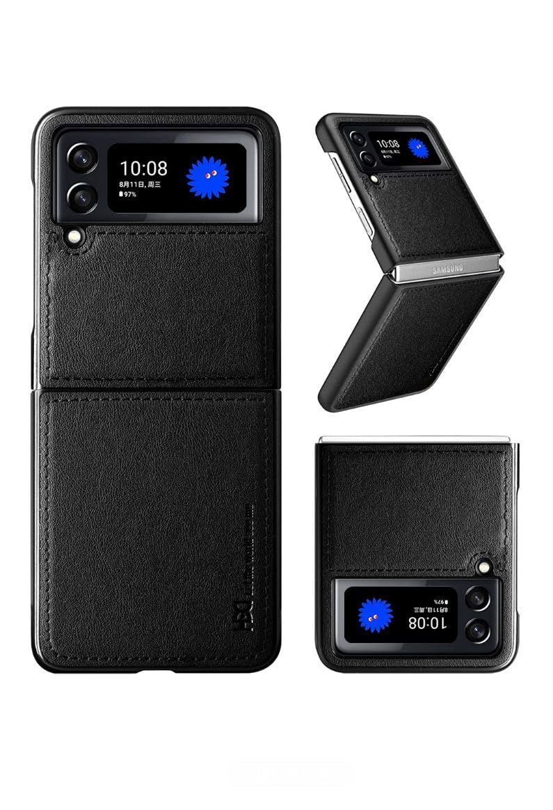 فكرة Fekra Case for Samsung Galaxy Z Flip 4, PU Leather + Hard PC Shell Ultra Thin Slim Durable Protective Phone Cover for Samsung Galaxy Z Flip4 5G (classic black)
