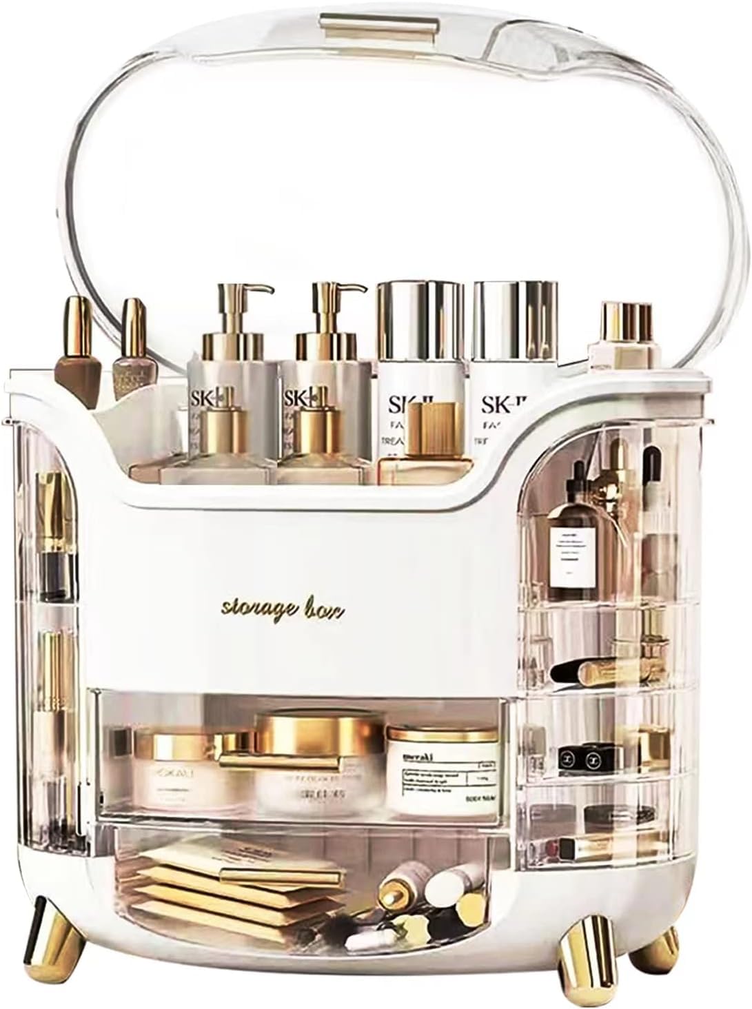 Makeup Organizer - Clear Cosmetic Organizer Box with Dome Lid - Gold Pull Out Drawers - Large Capacity 30x20x34cm - Luxury Design