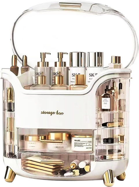 Makeup Organizer - Clear Cosmetic Organizer Box with Dome Lid - Gold Pull Out Drawers - Large Capacity 30x20x34cm - Luxury Design