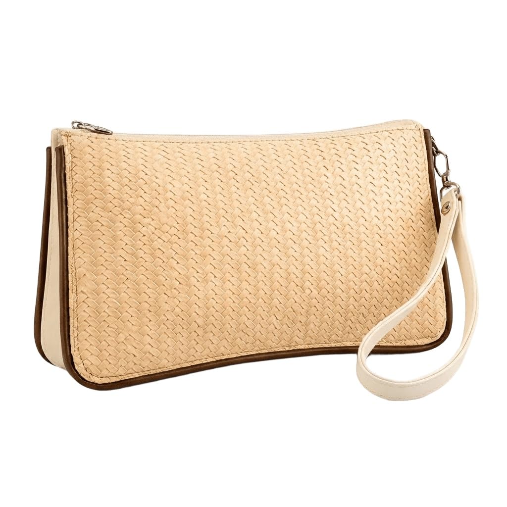 A stylish clutch handbag woven from natural straw with a detachable wrist strap - a gorgeous beige and brown design perfect for summer occasions.