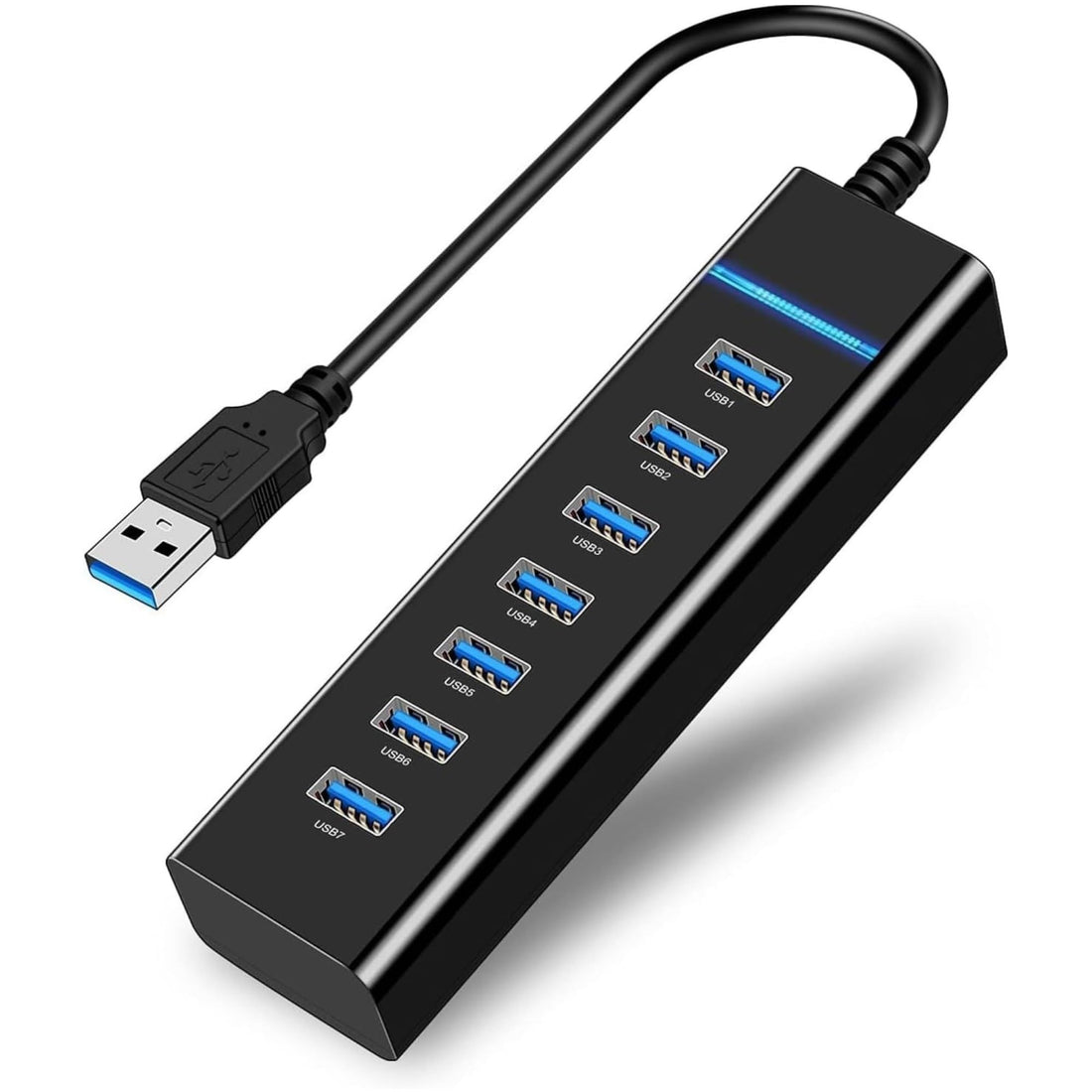 7-Port USB 3.0 Hub ZR207, Ultra-Slim Portable Data Extender with Blue LED Indicator, Compatible with Laptop, PC, MacBook (Black)