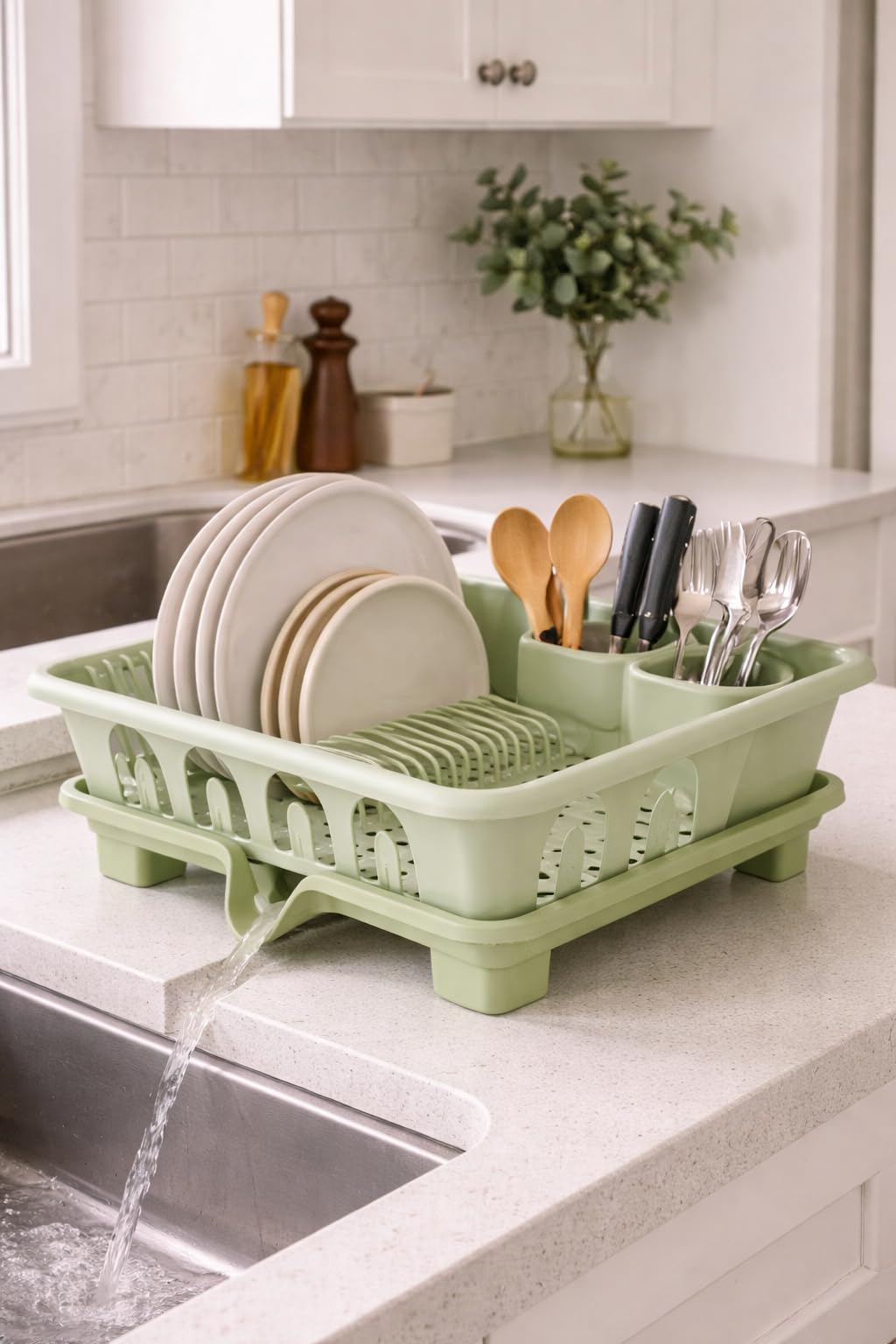 Kitchen Essentials Dish Drying Rack With Base, H.Quality Plastic Dish Dryer & Dish Drying Rack with Drain Tray, Sink Strainer for Kitchen, Organizer for Dishes, Spoons, Cups (Mint Green)