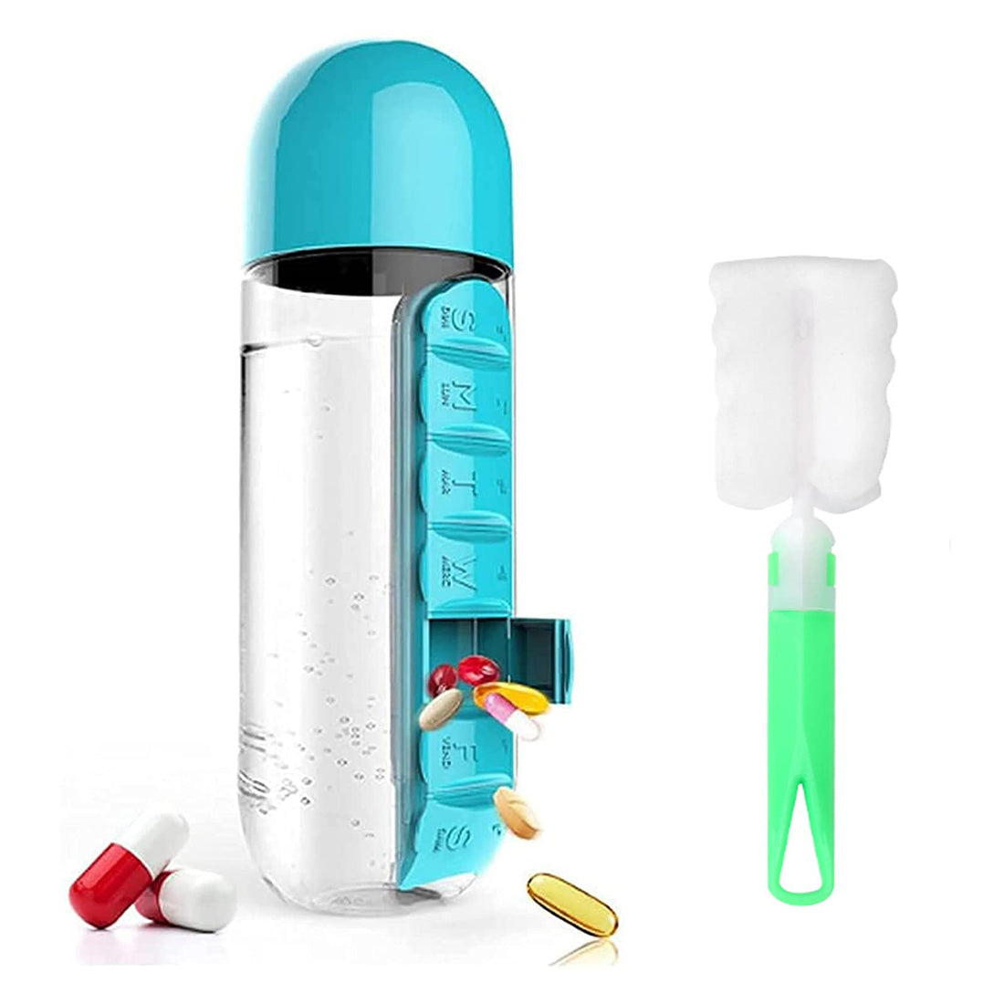 Water Bottle Pill Organizer - Adult/Geriatric/Child 7 Times a Day Pill Box Manager with Cleaning Brush, 600 ml Large Capacity and 200 ml lid for Storing Pills, Calcium Tablets, Vitamins (Blue)