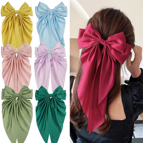 Large Size Satin Hair Bow, Elegant French Clip for Women and Girls, Soft Hair Accessory for Occasions and Diary - Multicolor