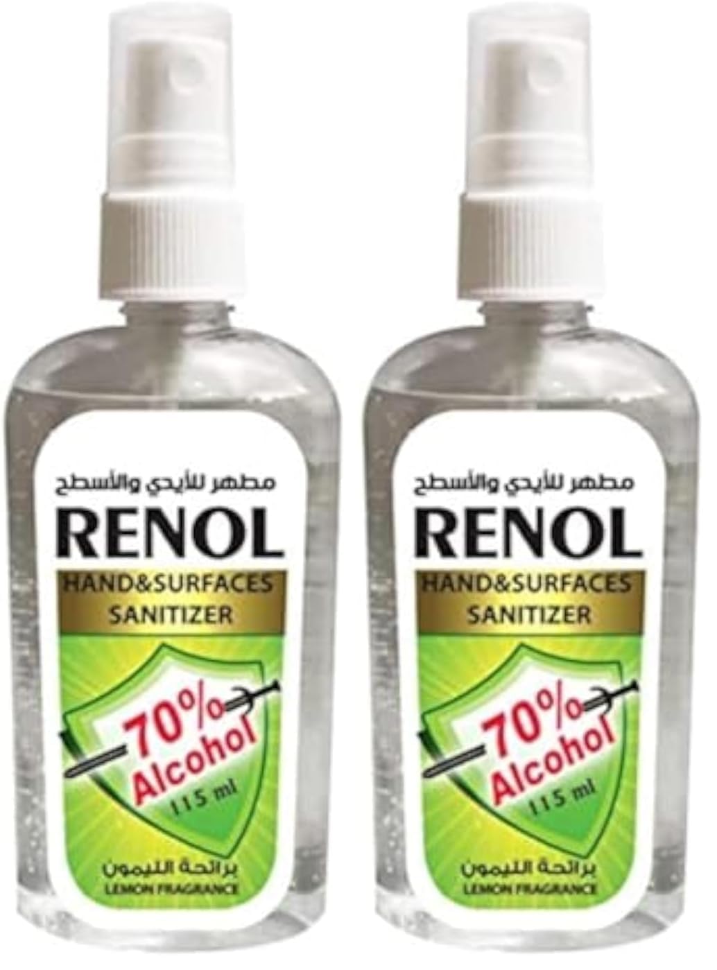 Renol alcohol sanitizer for hands and surfaces with lemon fragrance - 115 ml (Pack of 2)