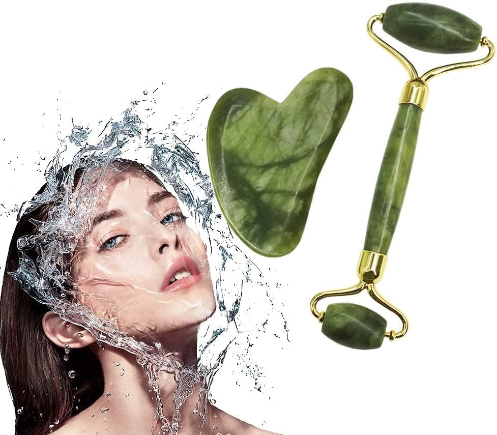Anti-Aging Jade Facial Massage Set, Natural Stone Roller And Gua Sha Tools, Green