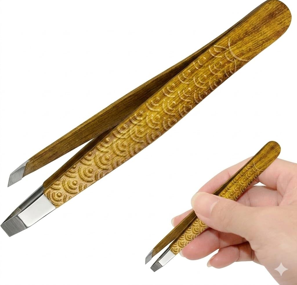 Professional Eyebrow Tweezers Stainless Steel Facial Hair Removal Tweezers with Slanted Tip for Easy Plucking -wood DESIGN