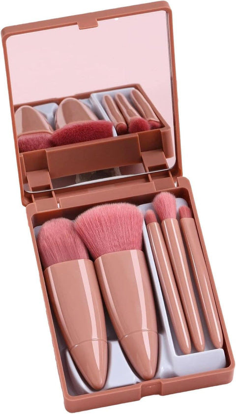 Portable Makeup Kit with Mirror, 5 Pcs Makeup Brush Set in Compact Box, Powder Blush Foundation Eyeshadow Brushes, Travel Friendly Cosmetic Kit for Daily Use (Multicolor)