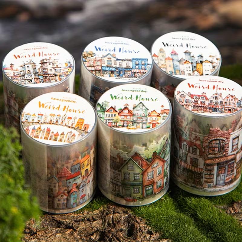 Set of 6 Decorative Tape PET Whimsical House Series Stickers rolls for Crafts Journaling Scrapbook Supplies